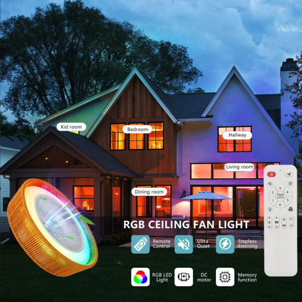 21" Modern Rustic Ceiling Fan Light with LED RGB Mood Lighting, Rope Woven Design, Quiet Fan, Semi Flush Mount for Bedroom, Living Room, or Dining Room ((Silent/6-Speed/Reversible/DC Motor))