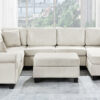 Sectional Sofa 111.8" U-shaped Sofa Chenille Upholstered Sofa Couch with Movable Storage Ottoman for Living Room, White