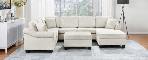 Sectional Sofa 111.8" U-shaped Sofa Chenille Upholstered Sofa Couch with Movable Storage Ottoman for Living Room, White