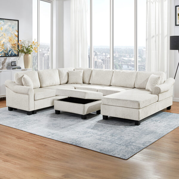 Sectional Sofa 111.8" U-shaped Sofa Chenille Upholstered Sofa Couch with Movable Storage Ottoman for Living Room, White