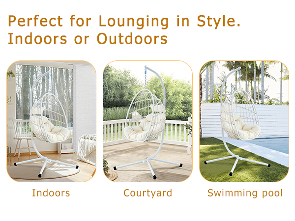 Heavy-Duty Iron Hanging Chair with Wicker Weave – Single Person Swing for Indoor/Outdoor (White)