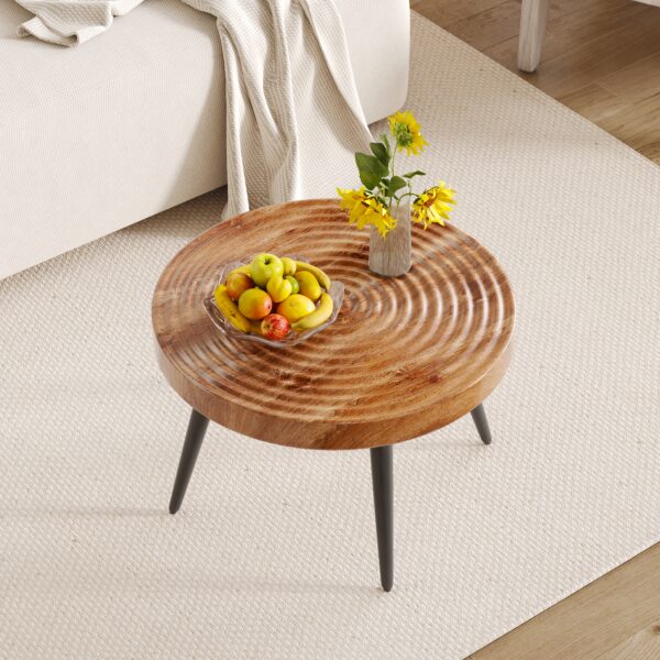 aede5926bed541b58ea0776f351318bf_5b308f02d4599a3f73118c35bdb42d73 Natural Wood Grain Texture Round Coffee Table - Diameter 23.6 Inches.Exquisite Suction Molding Process,Natural Wood Grain Texture,Black Sprayed Metal Leg.