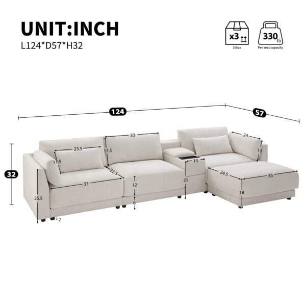 [VIDEO+NEW]124'' Modular Sectional Sofa with Storage Console and Movable Ottoman,33'' Wide Seat,4 Seat L Shaped Chenille Couch,Reversible Comfy Sofa with USB Charger for Living Room,Apartment,2 Colors