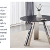 A 42-inch burn stone round table with stainless steel legs can accommodate 4 or 6 diners