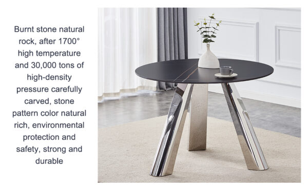 afe8c4d1dd1945c78631746af4c37108_df7a9028d08944fb6abf84bcb606a53f A 42-inch burn stone round table with stainless steel legs can accommodate 4 or 6 diners