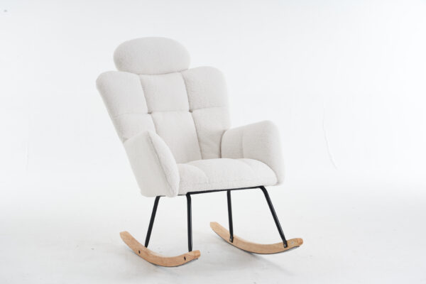 055-Teddy Fabric Upholstered Nursery Rocking Glider Chair Modern Accent Armchair Padded Seat with High Backrest and Pillow for Living Room Bedroom (Ivory)