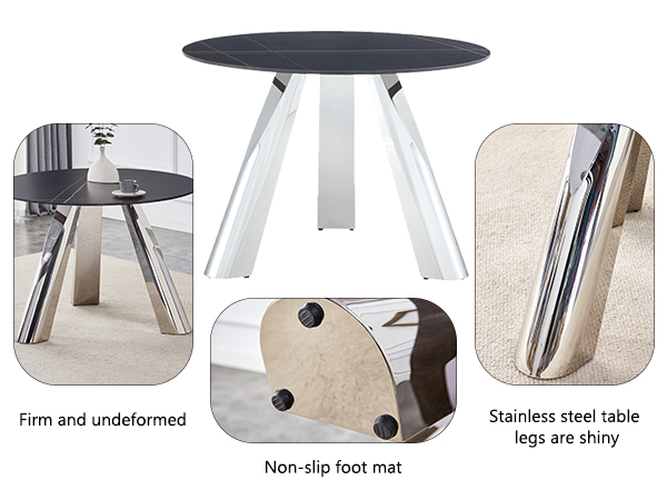 b0ac4bb7448d42e2a643e29c6625add3_793eb5c2ee6cf34d730d9650cba926c5 A 42-inch burn stone round table with stainless steel legs can accommodate 4 or 6 diners