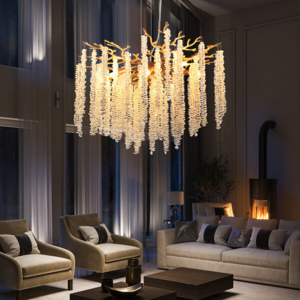 24-inch Modern Golden Pendant Light with Cascading Crystal Strands, Ideal for Living Room, Dining Room and Foyer, High-End Decorative Lighting Fixture (Bulb Not Included)