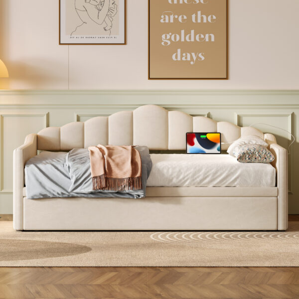 Upholstered Twin Size Daybed with Adjustable Height Pop Up Trundle Twin Bed and USB & Type-C Charging Port, Day Bed Frame with 2 Side Pockets, No Box-Spring Needed, Beige