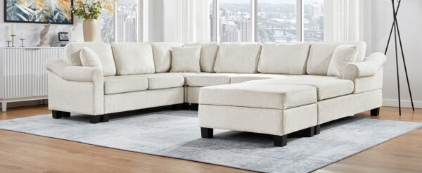 Sectional Sofa 111.8" U-shaped Sofa Chenille Upholstered Sofa Couch with Movable Storage Ottoman for Living Room, White