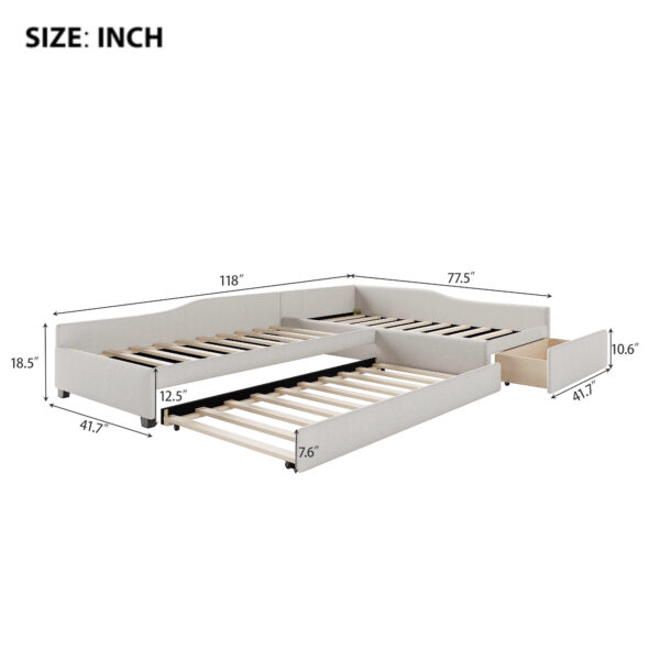Upholstered Double Twin Size Daybed with Trundle and Drawer, Beige(Expected Arrival Time: 6.27)