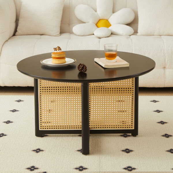 b16c1c2202394e05abe4966d13177924_3fe23f2e80b0a3fc0f94baec3506fe4f Mid-century wooden coffee table with PE cane stand, 31.5-inch round solid wood Bohemian style coffee table, unique central cocktail table for living rooms, apartments and offices