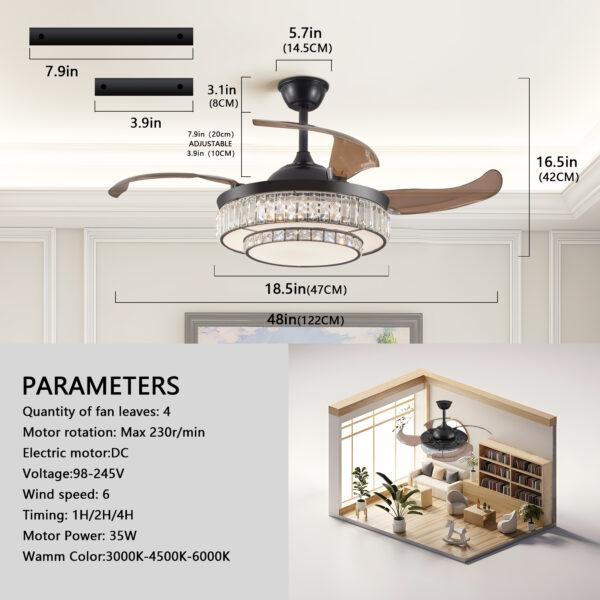 b2be2d39d76c429998ad7ebd56241bf8_bc952239cb9f4691da6c6a0b9215d852 48" Contemporary Crystal LED Retractable Ceiling Fan with Light and Remote Control, 6-Speed Quiet Reversible DC Motor,4 Blades Modern Ceiling Fans for Kitchen Bedroom Dining Room Patio