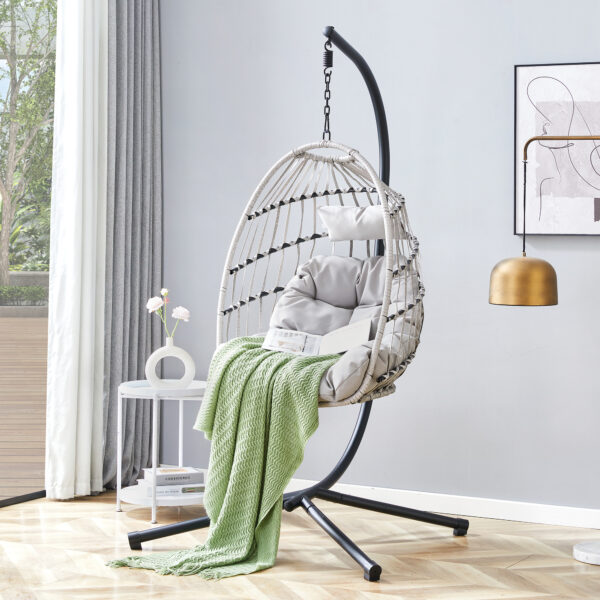 GRHeavy-Duty Iron Hanging Chair with Wicker Weave – Single Person Swing for Indoor/Outdoor (Gray)