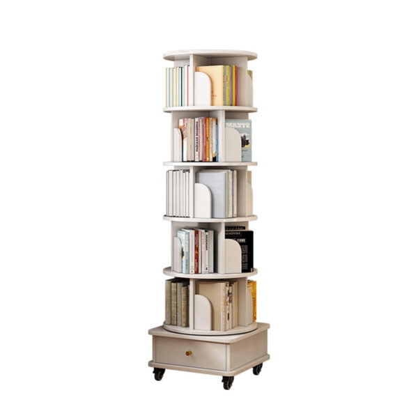6 Tier Rotating Bookshelf, 360° Display Round Spinning Bookshelf with Wheels and Drawer, Space-Saving, Small Space Rotating Bookshelf Tower for Bedroom, Living Room, Home, Office, Warm White