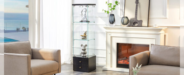 American-Style Non-Lit Glass Display Cabinet (0.2" Tempered Glass) – Soft-Close Drawer Slides  3 Adjustable Shelves, Ideal for Display & Storage