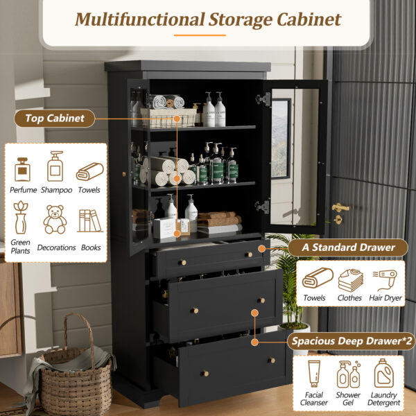 70.1" Modern High Freestanding Tall Bathroom Cabinet with 2 Adjustable Shelves, 3 Drawers, Soft Close Glass Doors – Ideal for Bathroom, Living Room, Kitchen Storage