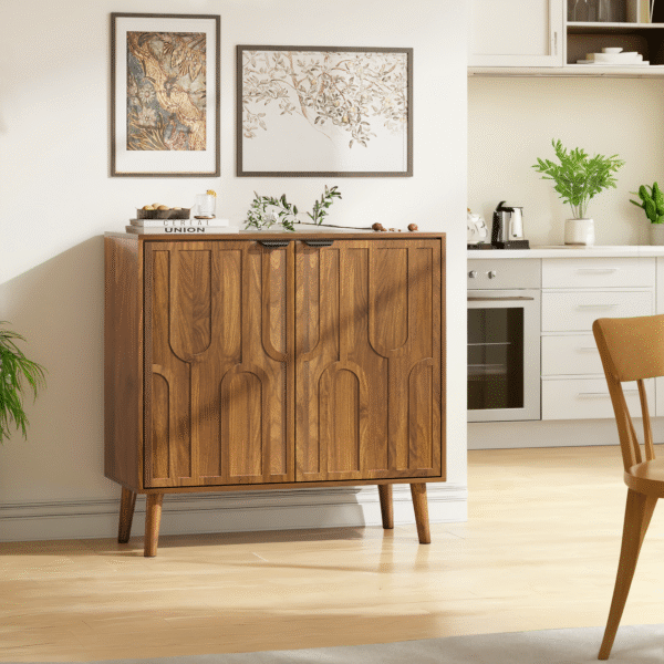 Sideboard Buffet Cabinet with Storage, Farmhouse Buffet Cabinet With Paper Clip Design, Wood Coffee Bar Storage Cabinet for Kitchen, Dining Room, Living Room, Entryway, Walnut,31.5" W