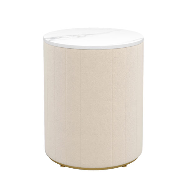 Upholstered Nightstand with 3 Drawers, Round Bedside Table with Metal Handles,Marbling Stickers Top Night Table for Bedroom, Fully Assembled Except Handles, Beige