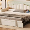 Upholstered Twin Size Daybed with Adjustable Height Pop Up Trundle Twin Bed and USB & Type-C Charging Port, Day Bed Frame with 2 Side Pockets, No Box-Spring Needed, Beige