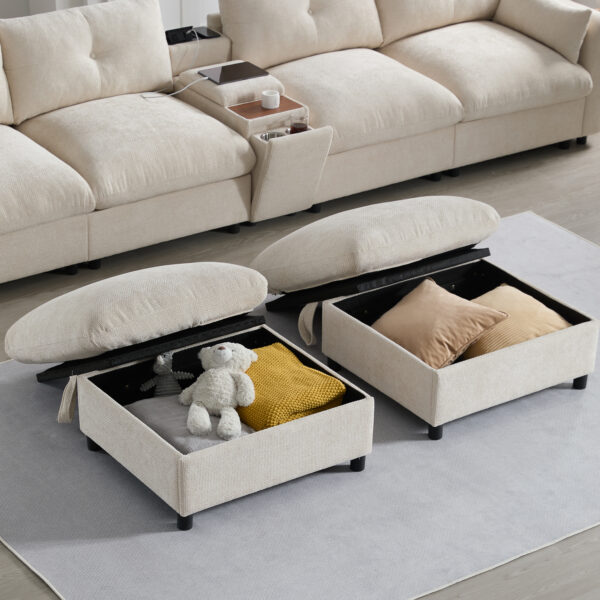 142'' Modular Sectional Sofa with Movable Storage Ottoman and Console,Cup Holder,Wide Seat,6 Seat U Shaped Couch,Oversized Chenille Sofa with USB Charger for Living Room,Apartment,2 Colors
