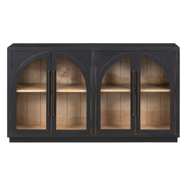 TREXM 4-Door Large Storage Sideboard Buffet Cabinet with Glass Doors, Arched Cabinet with Adjustable Shelves for Kitchen, Dining Room and Living Room (Black)
