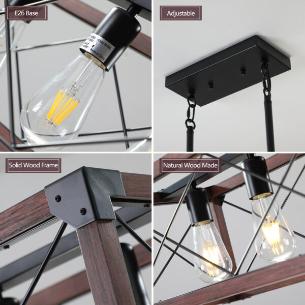 (Same as W1340P155968/L1011-RW) 32" Red Wood Industrial Farmhouse Rectangle Pendant Light, 5-Light Chandelier for Dining Room, Kitchen Island, Cafe Decor (No Bulbs)