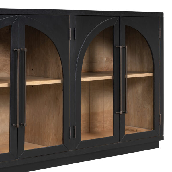 TREXM 4-Door Large Storage Sideboard Buffet Cabinet with Glass Doors, Arched Cabinet with Adjustable Shelves for Kitchen, Dining Room and Living Room (Black)