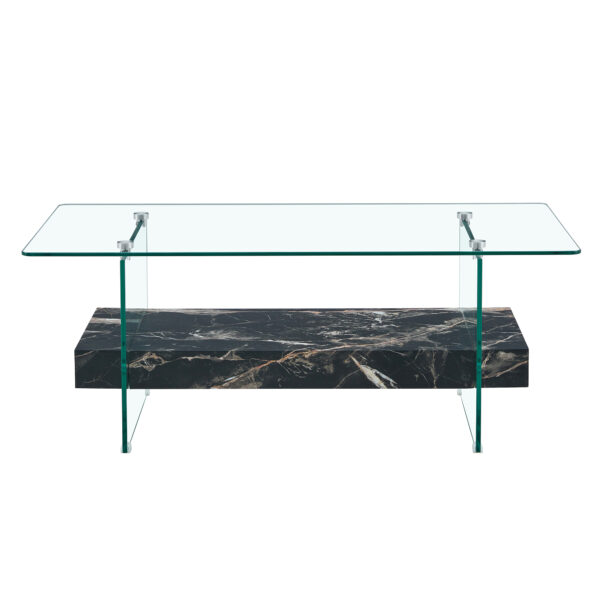 b4f1ebf102b345c392dbde8722bf1255_bf1a21c0945a29c2b8ef03133c9f7344 43.3 Inch Modern Two-Tier Coffee Table - An Elegant Combination of Clear Glass and Black Marble Pattern.It can be used not only as a coffee table but also as a side table or display stand.