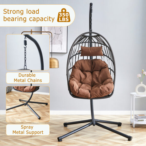 Indoor Outdoor Egg Swing Chair with Stand, Patio Grey Wicker Rattan Hanging Chair with Rope Back, Cushion,Cover,All Weather Foldable Hammock Chair for Bedroom, Porch, Garden