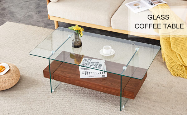 b50a983dd0c24cf49d806b6775cd9e29_08a2ba453398ddd7b84ff8a7cef61047 43.3 Inch Modern Two-Tier Coffee Table - An Elegant Combination of Clear Glass and Dark Wood Texture Sticker.It can be used not only as a coffee table but also as a side table or display stand.