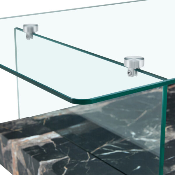 b51682cddaa3425fa77088050c3ee523_b592ee3a7b8aa99f8c194b3eb9a35064 43.3 Inch Modern Two-Tier Coffee Table - An Elegant Combination of Clear Glass and Black Marble Pattern.It can be used not only as a coffee table but also as a side table or display stand.