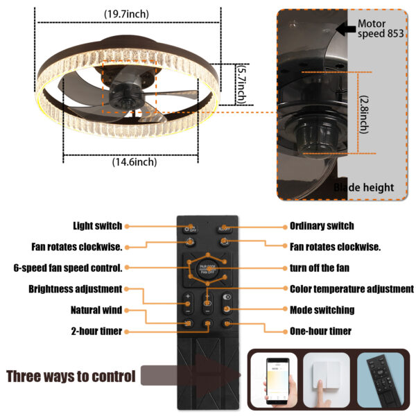 20" Brown Ceiling Fan with LED Light – Modern Flush Mount Fan Light for Bedroom, Living Room, and Home Décor with Crystal Ring Design