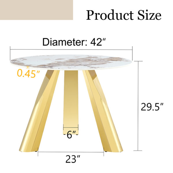 b595c133d6d6463393d45c6f2be9bed2_7996a76f29e884a95a64ce672c90b93d A 42-inch stainless steel white pattern burning stone round table with gold legs Round table suitable for 2, 4 or 6 people
