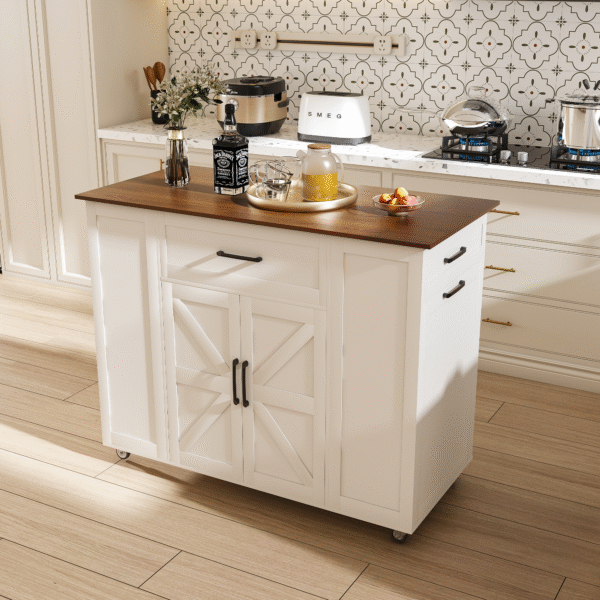 b5ec663490de41869263fac25e3e755e_d146d3ac22ead90c598ff53f4928cf7f 46" Kitchen Island on Wheels with Storage & Power Outlet - Movable Rustic Breakfast Bar Table, Wood Top with Adjustable Shelf & Drawer for Kitchen Dining Living Room, White