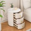 Upholstered Nightstand with 3 Drawers, Round Bedside Table with Metal Handles,Marbling Stickers Top Night Table for Bedroom, Fully Assembled Except Handles, Beige