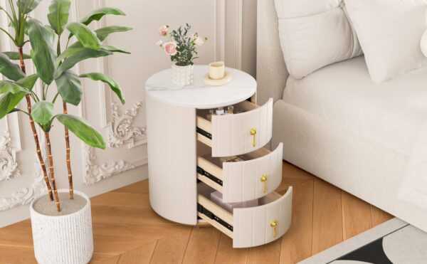 Upholstered Nightstand with 3 Drawers, Round Bedside Table with Metal Handles,Marbling Stickers Top Night Table for Bedroom, Fully Assembled Except Handles, Beige