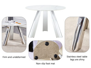A 42-inch stainless steel leg round table with a marble top is suitable for use by four or six people