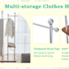 70" Industrial Coat Rack, Solid Wood & Silver Stainless Steel Clothing Rack, Double Layer Hanger for Coats, Hats, Bags, Shoes, Vintage Wood Grain (34.6" Wide)