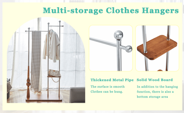 70" Industrial Coat Rack, Solid Wood & Silver Stainless Steel Clothing Rack, Double Layer Hanger for Coats, Hats, Bags, Shoes, Vintage Wood Grain (34.6" Wide)