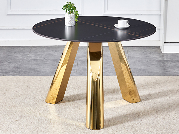 b8452305befb429483de61a76b69a502_476f9003701e7a58970238fa9e55c366 The 42-inch stainless steel gold-plated flamed granite round table with seating for 4 or 6 people is perfect for dining, entertaining, or as a conference table