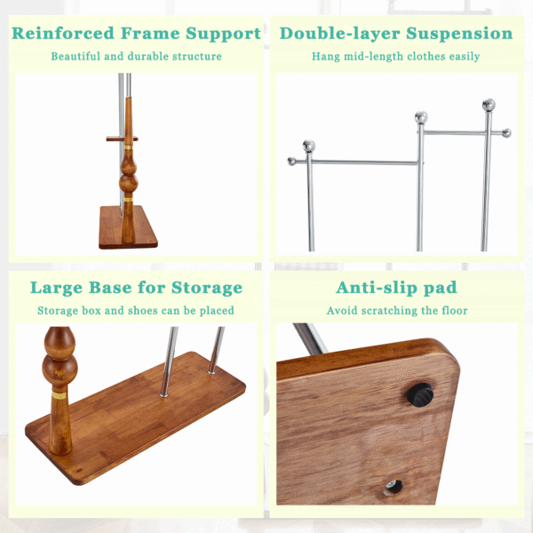 70" Industrial Coat Rack, Solid Wood & Silver Stainless Steel Clothing Rack, Double Layer Hanger for Coats, Hats, Bags, Shoes, Vintage Wood Grain (34.6" Wide)