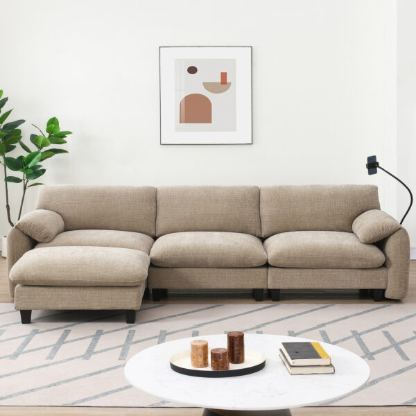 [VIDEO Provided] 108" Modular Sectional Sofa, L-Shape with 31.5" Extra-Wide Seat Cushion, USB and Type-C Charger, Phone Holder and 2 Side Storage Pockets, Free Movement Ottoman, Striped Chenille