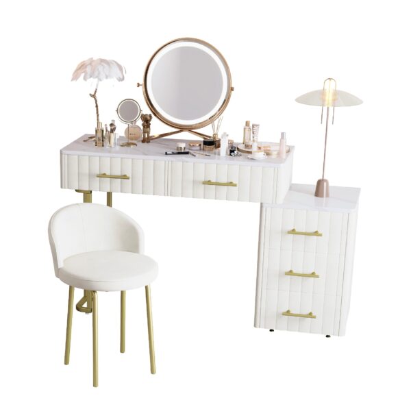 Velvet Upholstered Vanity Desk with Chair, Vanity Set with 5 Big Drawers, Makeup Table with Padded Chair, Marble-Look Sticker Top Dressing Table with Left/Right Adjustable Storage, Beige