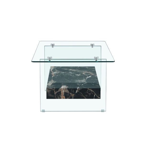 ba20c76ad4484e68b7ef2a8bdef07241_ffbc4dd3f7254ced9b4892779fd8e9d0 43.3 Inch Modern Two-Tier Coffee Table - An Elegant Combination of Clear Glass and Black Marble Pattern.It can be used not only as a coffee table but also as a side table or display stand.