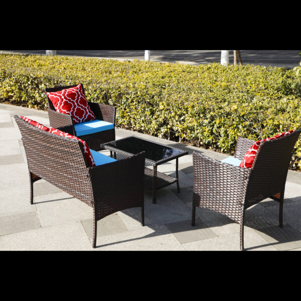 bad543e26f004ee5ae830b1fe9f14aab_3c58d082ad7d5a4df7c7f5426be362a3 Four-Piece Sofa Set Table With Sofa Chair PE Rattan Outdoor Furniture HY4-001 Box *1 With Sapphire Blue Color Cushion