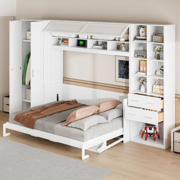 Queen Size Murphy Bed Wall Bed with Closet , Drawers and Shelves, White