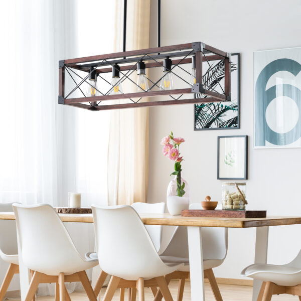 (Same as W1340P155968/L1011-RW) 32" Red Wood Industrial Farmhouse Rectangle Pendant Light, 5-Light Chandelier for Dining Room, Kitchen Island, Cafe Decor (No Bulbs)