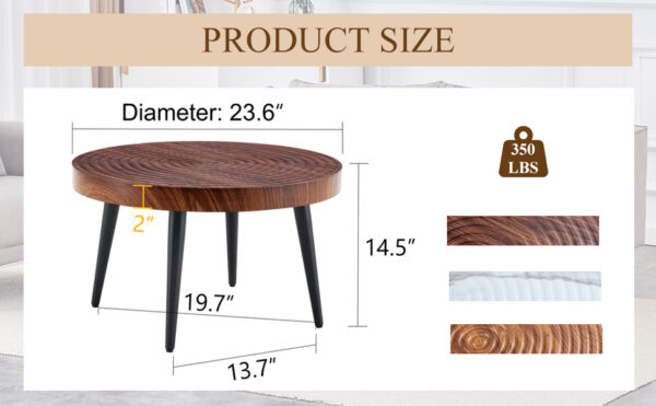 bbd54b1d66a3474e87a90e5929a7a4c6_7142ff9f3e779d94be02dd0f74596b80 Modern Round Coffee Table - Annular Texture, Durable and Robust With a Diameter of 23.6 inches.Exquisite Suction Molding Process,Walnut Color Pattern Design,Black Sprayed Metal Leg.