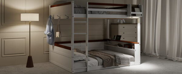 Queen Size Wooden Bunk Bed with Built-in Shelves,Storage Box,LED Light and USB Charging Station,White(ETA:6/30)